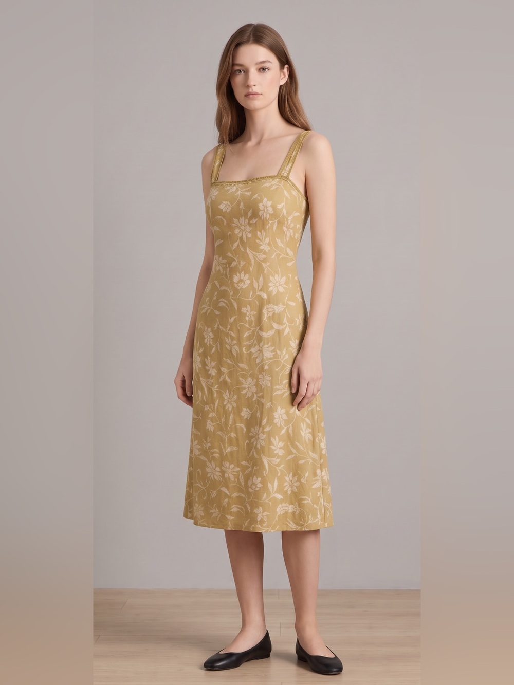 Les Copains Cottagecore Boho Floral Square-Neck Lace Trim Pistachio Midi Dress
